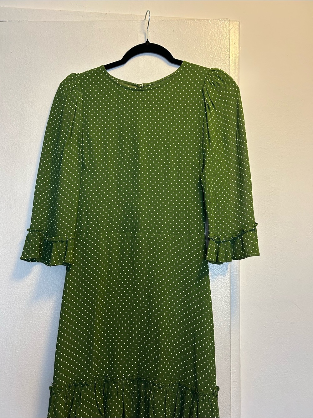 Reformation Green Polka Dot Long Sleeve Ruffle Dress